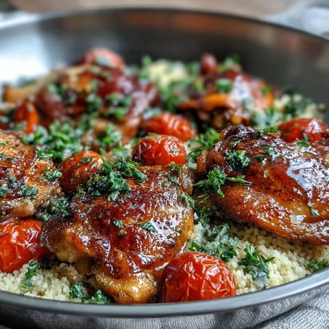 Juicy golden seared chicken thighs on a bed of fluffy couscous with bright cherry tomatoes and lemon zest, ready to serve.
