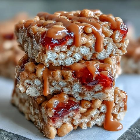 Chewy High-Protein PB&J Rice Krispie Bars cut into squares, showcasing a creamy peanut butter drizzle and sticky strawberry jelly topping on a rustic wooden board.