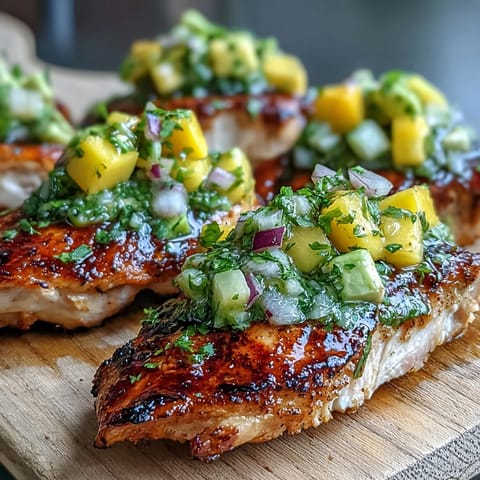 Grilled Chicken with Mango Avocado Salsa on a plate, juicy slices topped with creamy avocado chunks and sweet mango.