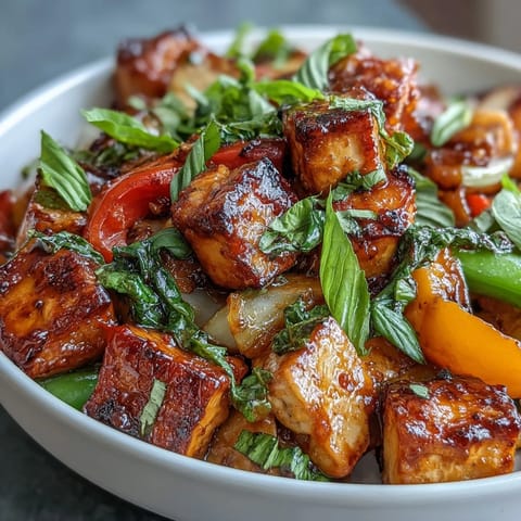 Colorful Vegan Thai Basil Tofu Stir-Fry featuring golden tofu cubes, crisp veggies, and fresh Thai basil over steaming jasmine rice.