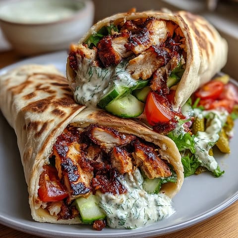 A colorful plate of chicken shawarma wraps with tender grilled chicken, creamy garlic sauce, and fresh vegetables in soft pita bread.  
