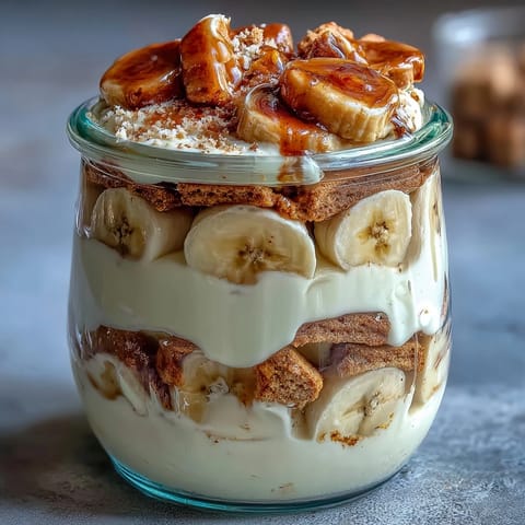 Layered protein banana pudding featuring Greek yogurt custard, ripe banana slices, and crushed sugar-free vanilla wafers.