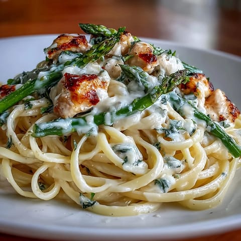 A comforting bowl of linguine tossed with creamy Asiago sauce, roasted asparagus, and sautéed chicken pieces.