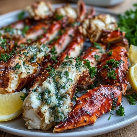Keto garlic butter crab legs with lemon wedges on a serving platter, rich buttery sauce drizzled over succulent seafood.
