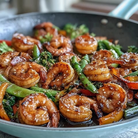 A colorful stir-fry with tender shrimp, crisp veggies, and fluffy cauliflower rice, perfect for a quick healthy dinner.