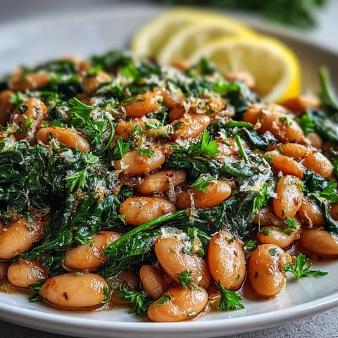 Vibrant vegan lemon garlic white bean skillet with spinach, showcasing creamy beans and fresh greens in a zesty sauce.