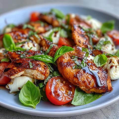 Grilled Chicken Caprese Salad with Balsamic Glaze - juicy grilled chicken breast slices atop fresh greens, tomatoes, and mozzarella, finished with basil and a tangy-sweet glaze.  