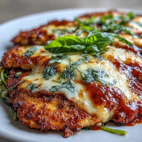 A golden baked chicken breast topped with marinara and melted mozzarella served over fresh zucchini noodles for a lighter Italian meal.  