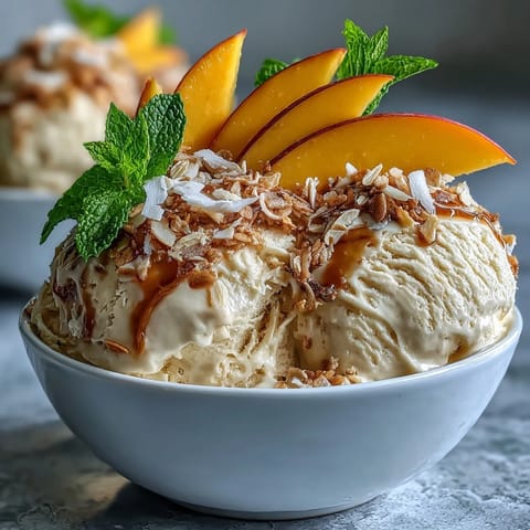 Creamy vegan mango coconut ice cream topped with crunchy toasted oats and fresh mango slices, served in a chilled bowl for a tropical treat.