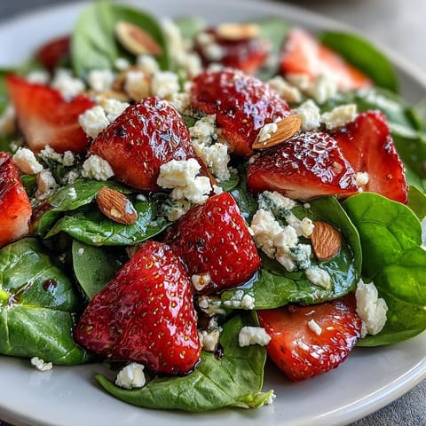 Fresh strawberry spinach salad with feta and toasted almonds, a colorful and nutritious summer dish.  