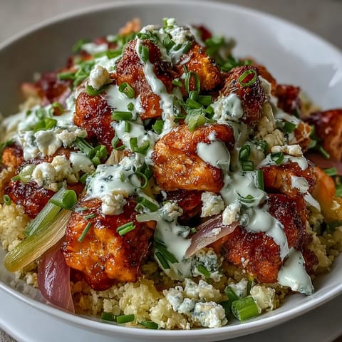 Spicy buffalo chicken served over cauliflower rice with crisp celery, carrots, and a creamy ranch drizzle in a keto-friendly bowl.  
