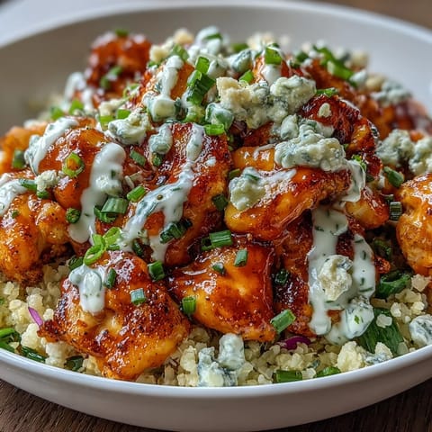 Low-carb buffalo chicken cauliflower rice bowls topped with fresh veggies, blue cheese crumbles, and tangy ranch dressing for a satisfying meal.  