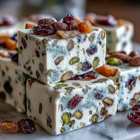 A tray of chewy pistachio nougat candy studded with dried apricots, cherries, and cranberries.