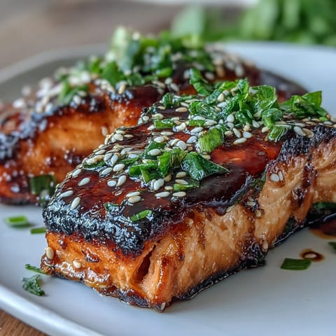 Succulent salmon fillets glazed with sweet-savory teriyaki sauce, oven-baked until tender and topped with toasted sesame seeds and fresh scallions.