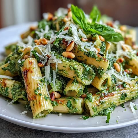 Creamy cream cheese pesto pasta with fresh basil, toasted pine nuts, and Parmesan in a vibrant green sauce.  