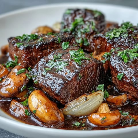 A rich and hearty wild mushroom beef bourguignon with tender beef, pearl onions, and a glossy red wine sauce.  