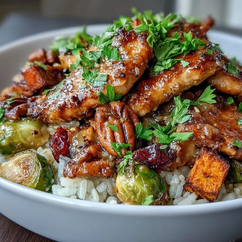 Juicy maple Dijon glazed chicken served with caramelized sweet potatoes and Brussels sprouts in a wholesome rice bowl.  