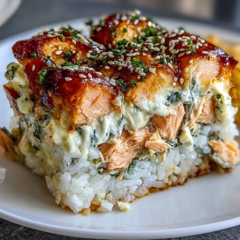 Creamy salmon sushi bake casserole with shredded salmon, crab, and Sriracha mayo, topped with furikake and green onions.  