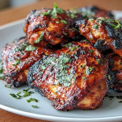Tandoori Chicken thighs marinated in spiced yogurt and roasted to a smoky, charred finish, served with lemon wedges.