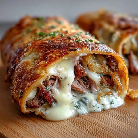 Golden baked tortilla wraps bursting with melted provolone, roast beef, and crunchy fried onions, paired with savory dipping sauce.  