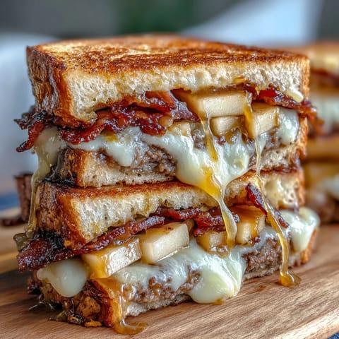 Golden-brown artisan bread filled with melted sharp cheddar, smoky beef bacon, tart apple slices, and a drizzle of hot honey for a sweet and spicy twist.