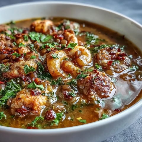 Hearty bowl of spicy sausage and lentil soup with kale, rich tomato broth, and tender vegetables.  