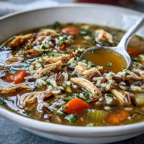 Hearty chicken and wild rice soup with sweet carrots, celery, and fresh parsley for a comforting meal.  
