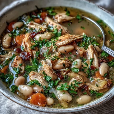 Smoked turkey and white bean soup with herbs in a rustic pot, garnished with fresh parsley and steam rising from the surface.