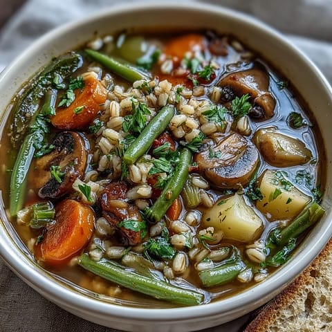 A steaming bowl of rustic vegetable barley soup with mushrooms, packed with tender barley and vibrant veggies in a savory broth.