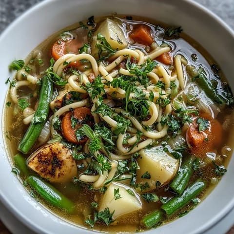 A steaming bowl of Simple Vegetable Noodle Soup filled with colorful seasonal vegetables and tender egg noodles.  