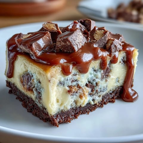 Rich cheesecake bars layered with peanut butter and chocolate, topped with mini peanut butter cups for a creamy, indulgent dessert.  