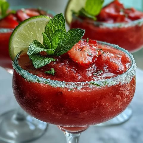 Refreshing frozen strawberry mocktail with zesty lime and a sugared rim, served chilled in festive glasses for a tropical vibe.
