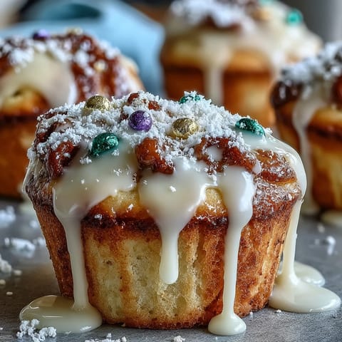 Mini King Cake Cupcakes with colored sugar sprinkles on top, perfect for festive Mardi Gras dessert tables.
