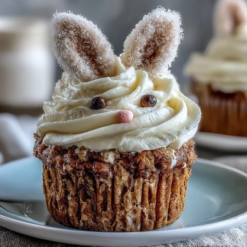 Adorable Easter Bunny carrot cake cupcakes with cream cheese frosting and marshmallow bunny ears, perfect for spring celebrations.