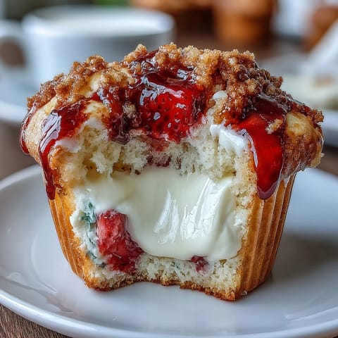 Strawberry cream cheese muffins with juicy berries and creamy cheesecake swirls, baked to golden perfection for a sweet breakfast treat.