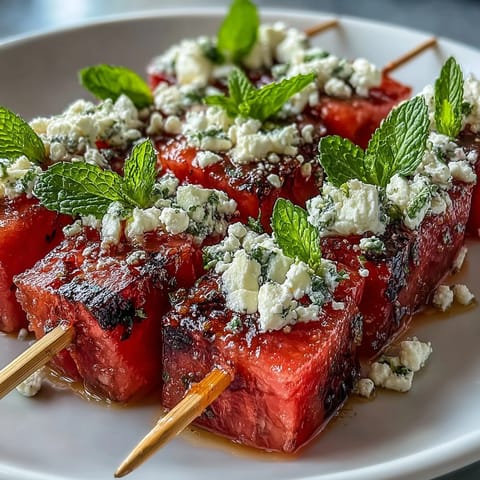 Watermelon feta salad skewers with fresh mint, drizzled with olive oil and balsamic glaze for a vibrant summer appetizer.  