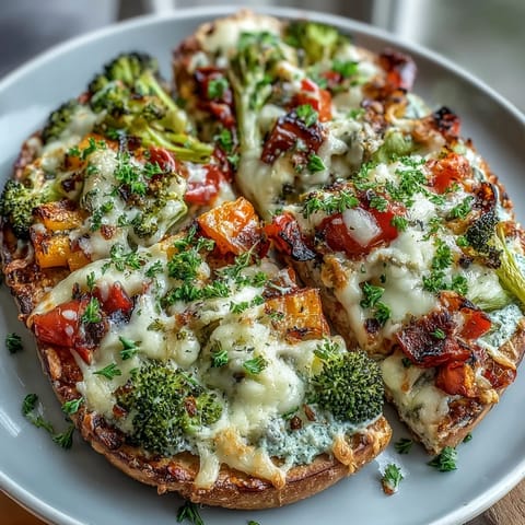Festive St. Patrick's Day Rainbow Veggie Flatbread Pizza with vibrant fresh vegetables and melted cheese.