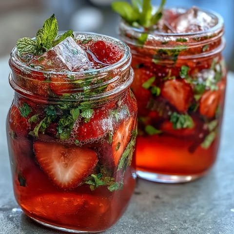Refreshing strawberry mint mocktail pitcher with ripe berries, fresh mint, and citrus slices for spring parties.  