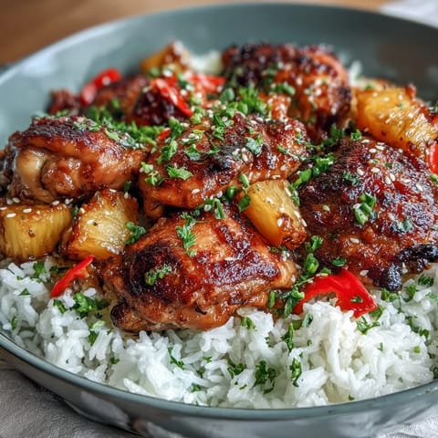 Sweet and savory pineapple chicken and rice skillet with bell peppers, served hot in a sizzling cast iron pan.