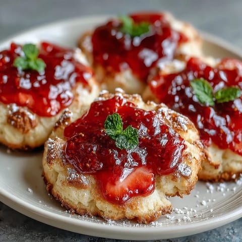 Fresh strawberry jam thumbprint cookies with golden edges and vibrant red filling, ready for a delightful afternoon treat.
