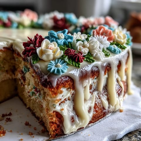 A tender vanilla sheet cake decorated with delicate buttercream flowers, perfect for First Communion celebrations.
