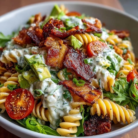 Creamy BLT Pasta Salad with Bacon and Avocado in a white bowl, garnished with fresh herbs and crispy bacon bits.  