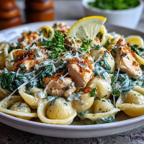 Creamy lemon orzo with chicken and spinach, garnished with fresh parsley and Parmesan cheese.  