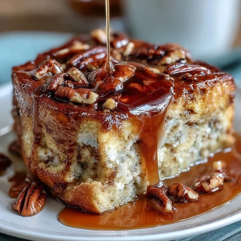 Fluffy baked pancake casserole drizzled with maple syrup, golden and inviting, ready for a cozy breakfast.