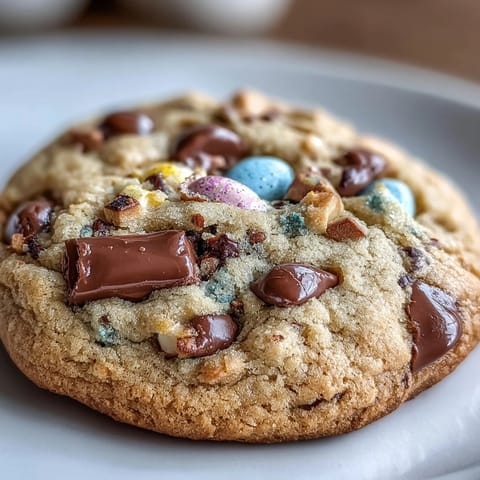 1. Soft, chewy Easter cookies loaded with chocolate chips and colorful Cadbury Mini Eggs for a festive springtime treat.  