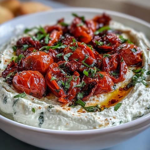 Creamy whipped feta dip with roasted cherry tomatoes, a Mediterranean appetizer with tangy and sweet flavors.
