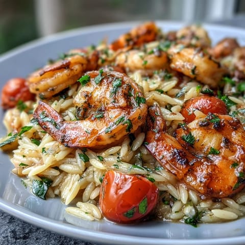 One-pan lemon butter shrimp and orzo with fresh vegetables in a zesty Mediterranean-inspired dinner.