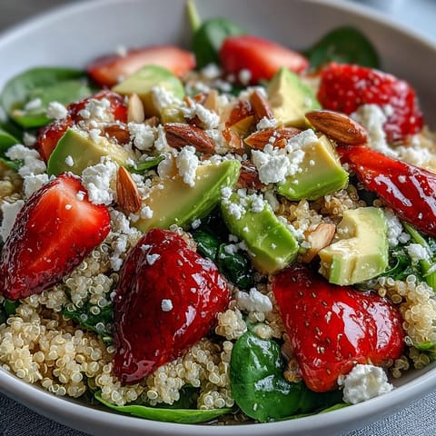 Fresh strawberry avocado quinoa salad with juicy berries, creamy avocado, and zesty citrus dressing in a vibrant bowl.