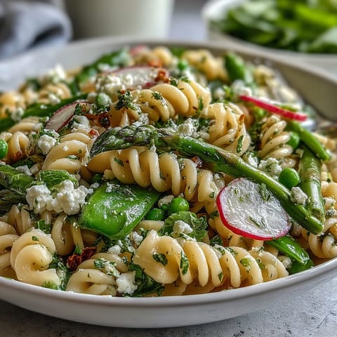 Vibrant spring pasta salad with lemon vinaigrette, crisp radishes, and fresh asparagus on a white plate.