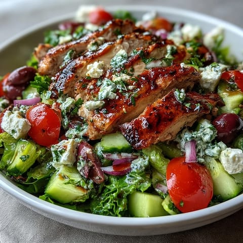 Grilled chicken breast slices rest on a bed of crisp Romaine, juicy tomatoes, cucumbers, and olives, finished with tangy feta cheese crumbles.  
